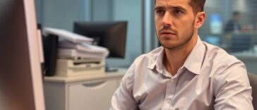 An office worker is sitting at a desk with a concerned look.