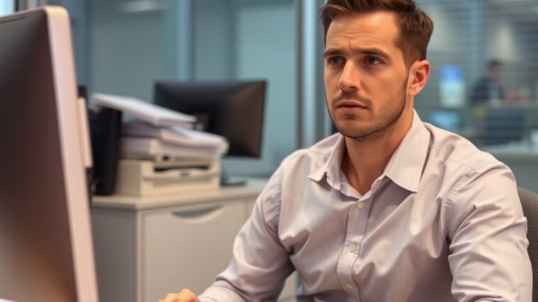 An office worker is sitting at a desk with a concerned look.
