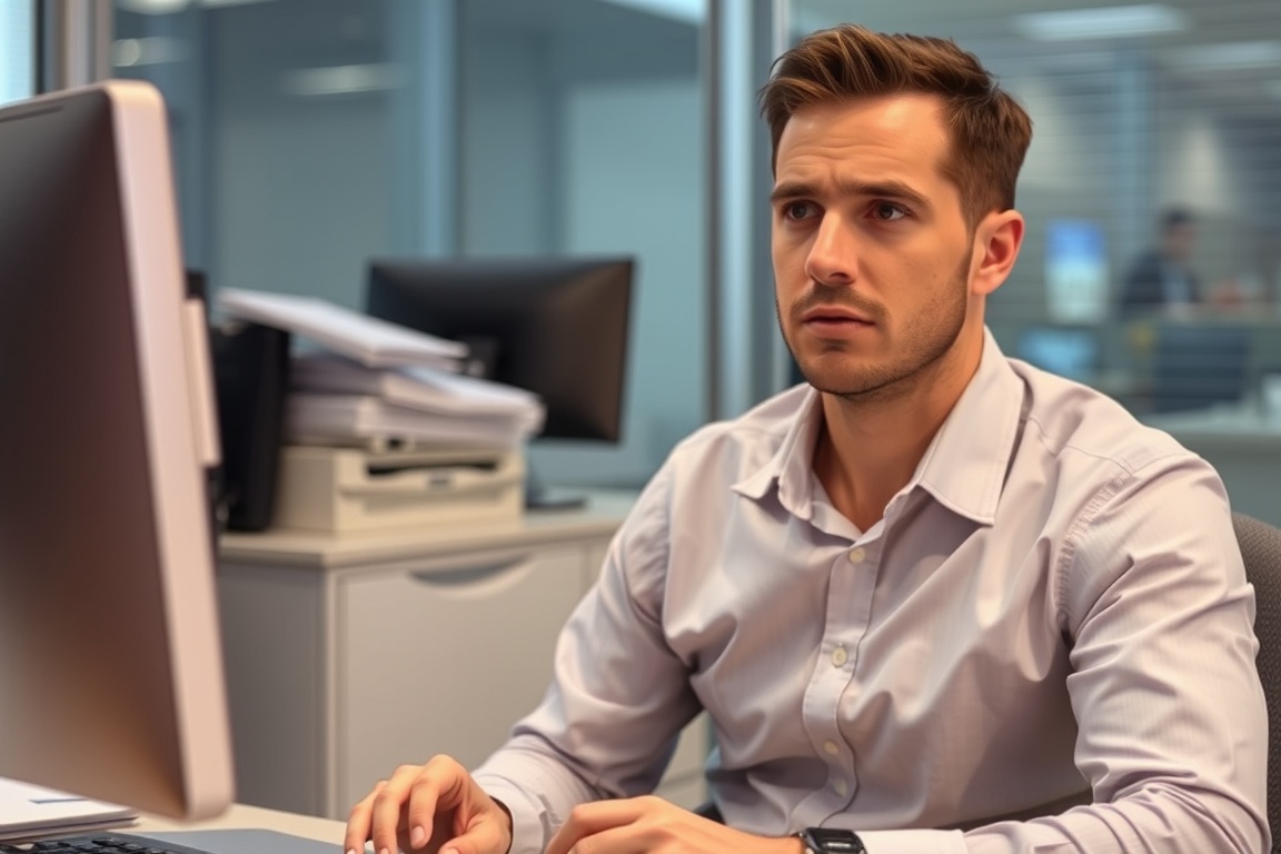 An office worker is sitting at a desk with a concerned look.
