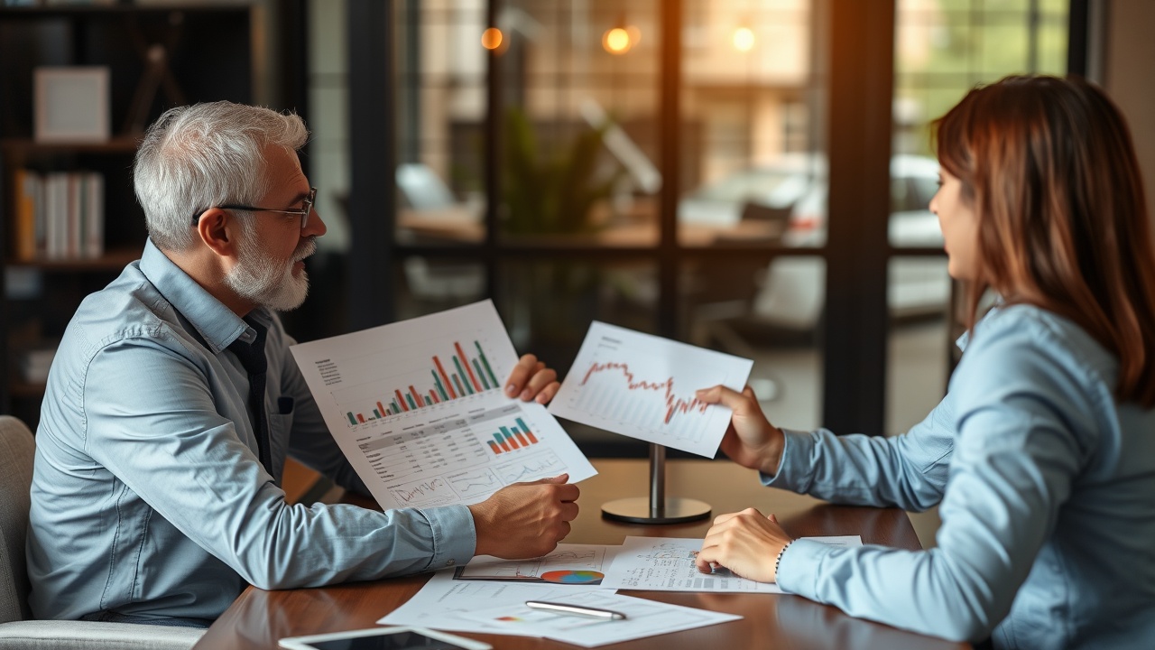 A person is discussing financial charts with another person at a table.