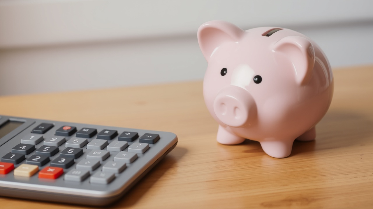 A piggy bank is placed on a table next to a calculator.