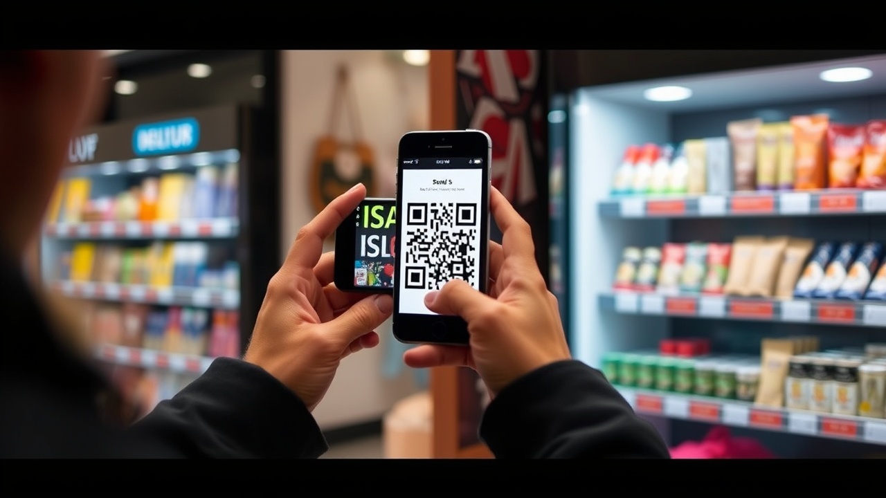 A person scans a QR code at a shop using a mobile app.