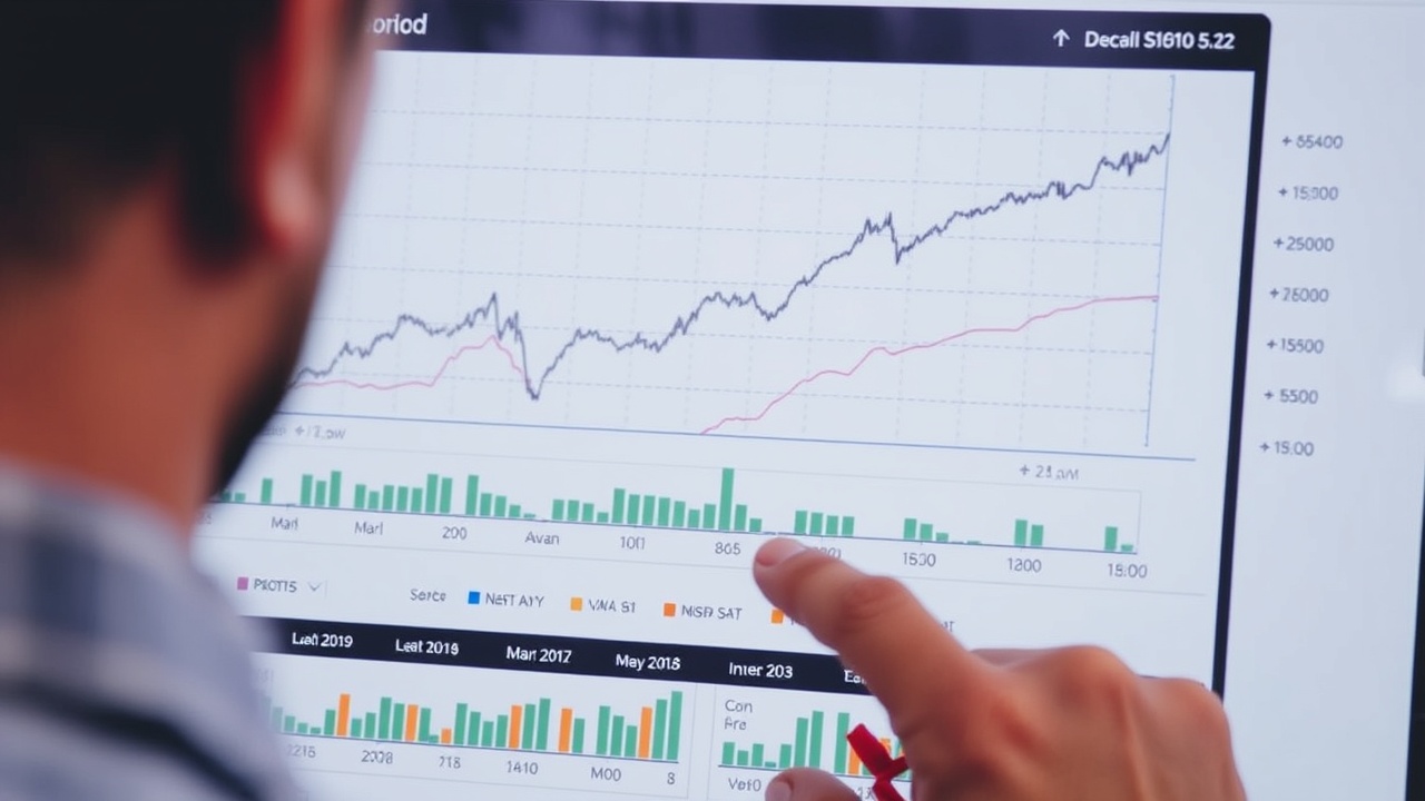 A person is examining a chart with upward trends and investment options.