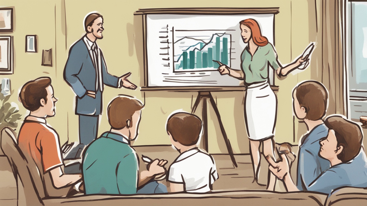 A family is looking at a financial advisor, who is pointing to a presentation on mutual funds.