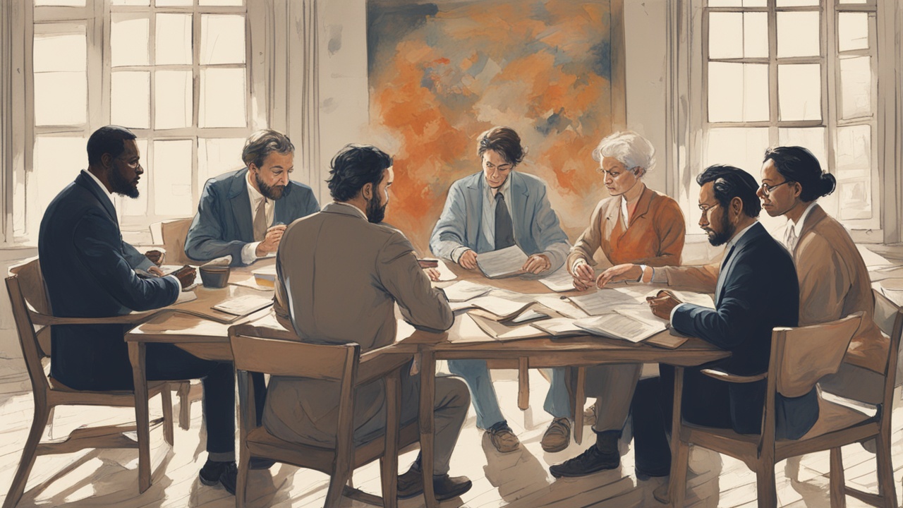 A diverse group of people sitting around a table, discussing financial documents.