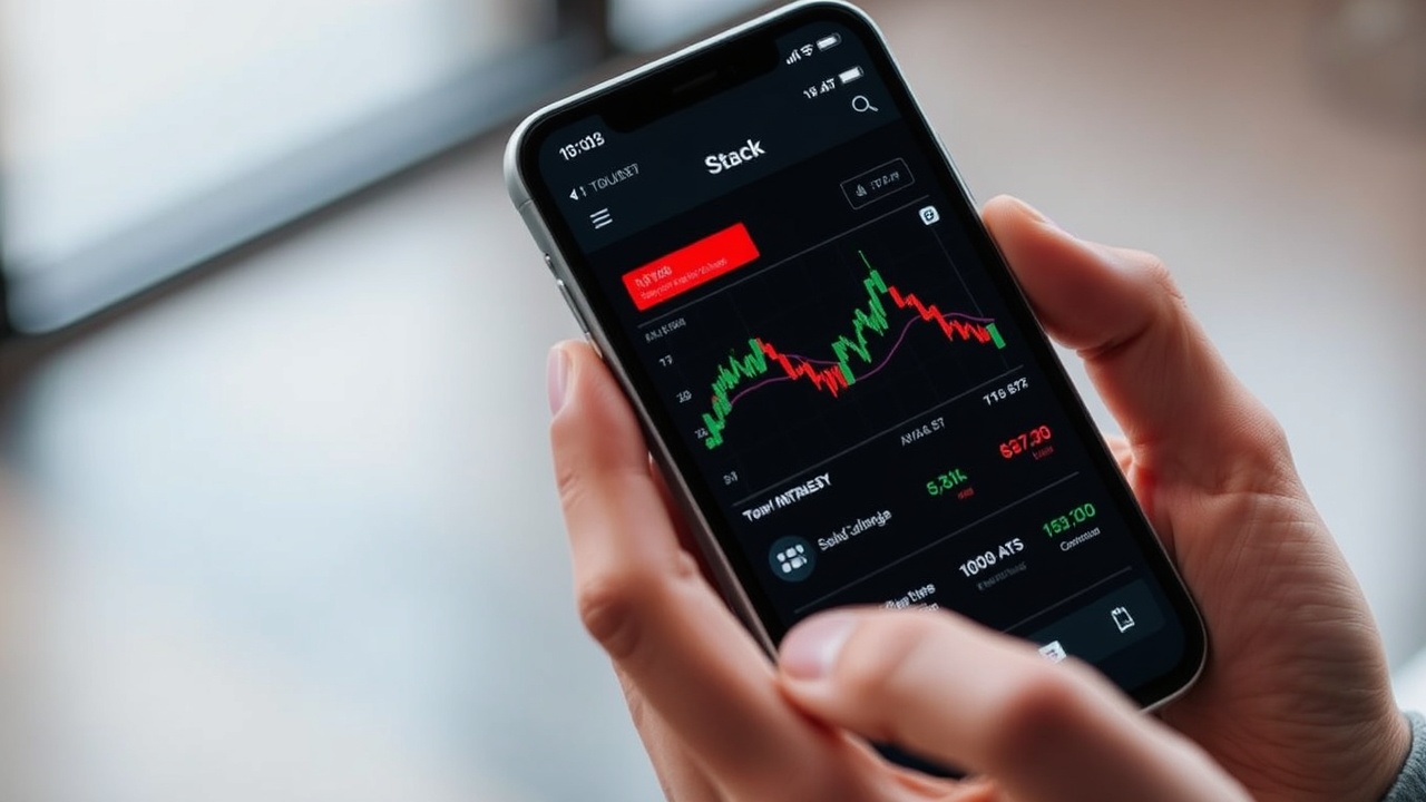 A close-up of a hand holding a smartphone with a stock market app open.