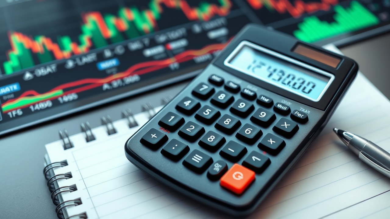 A calculator and notepad placed on a desk with investment charts in the background.