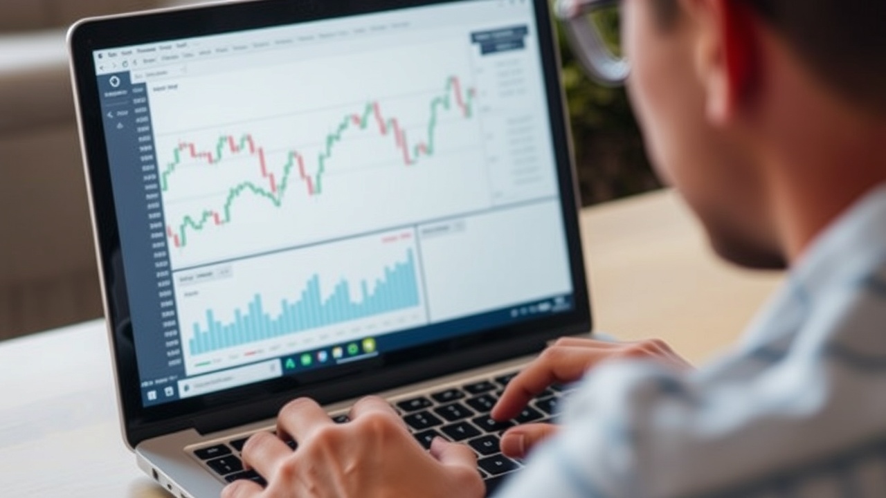 A person looking at a laptop with financial graphs on the screen.