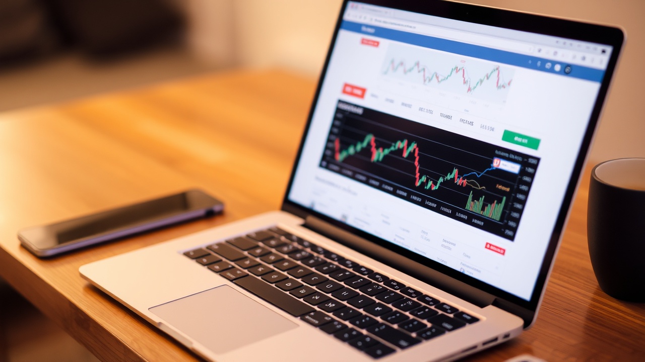 A laptop is open, displaying a financial webpage filled with various charts and data.