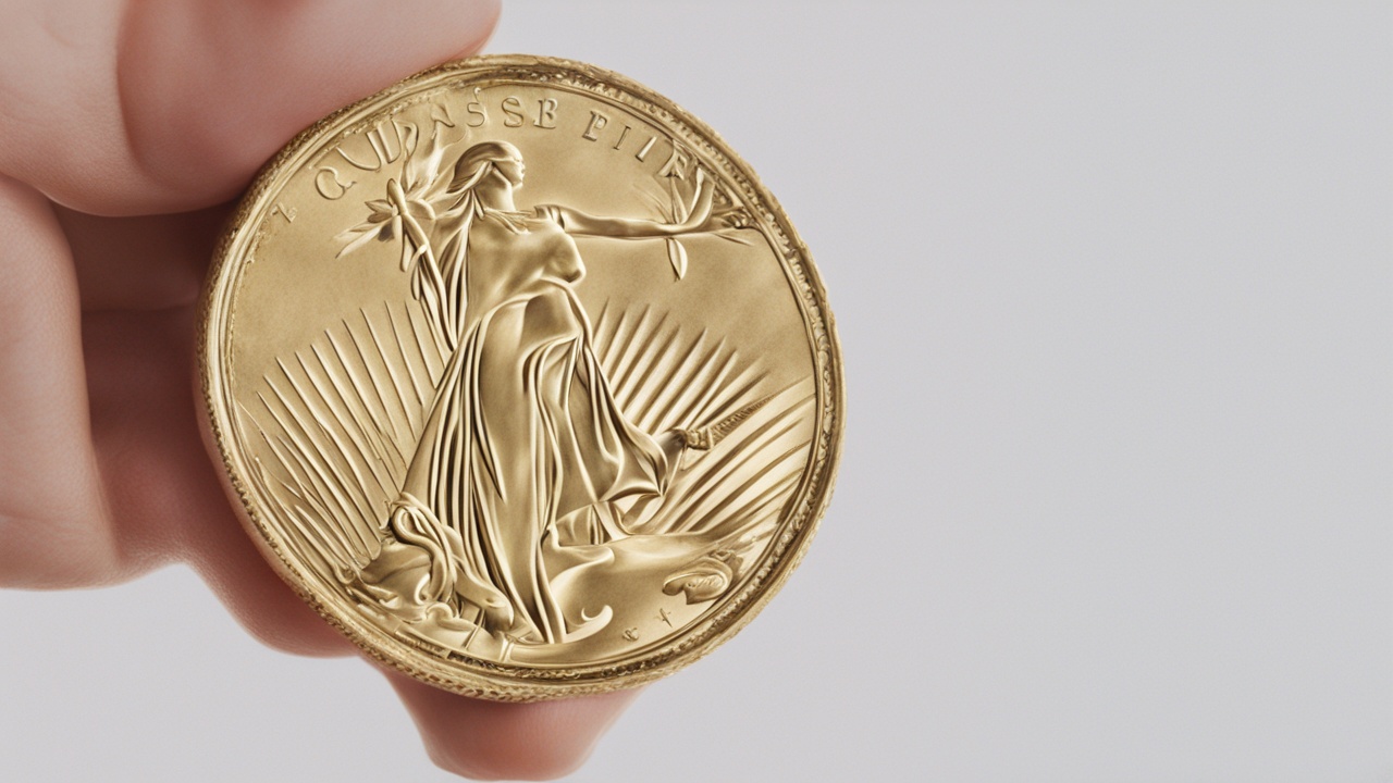 A hand holding a gold coin against a white background.